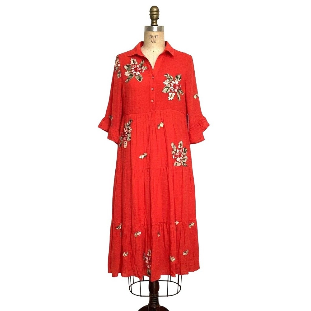 Anthropologie Fig Flower Orange Floral Embroidered Tiered Midi Dress Medium